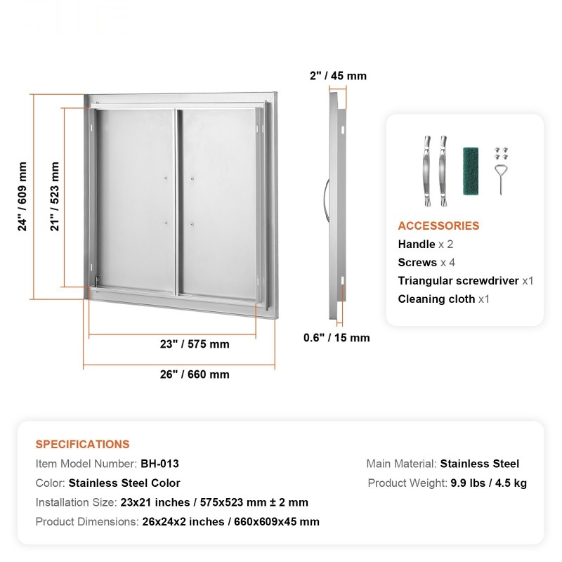 Ulkokeittiön saumaton huolto-ovi ruostumatonta terästä 660x609 mm kahvoilla