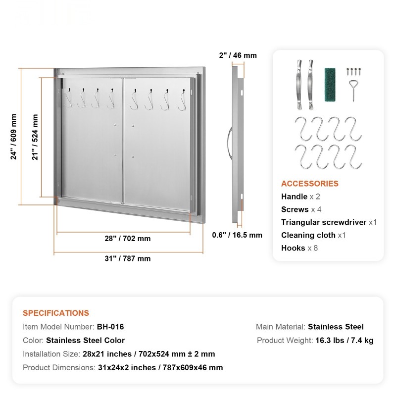 Kaksoisovi ulkokeittiöön ruostumatonta terästä 787x609 mm ulkokaappeihin