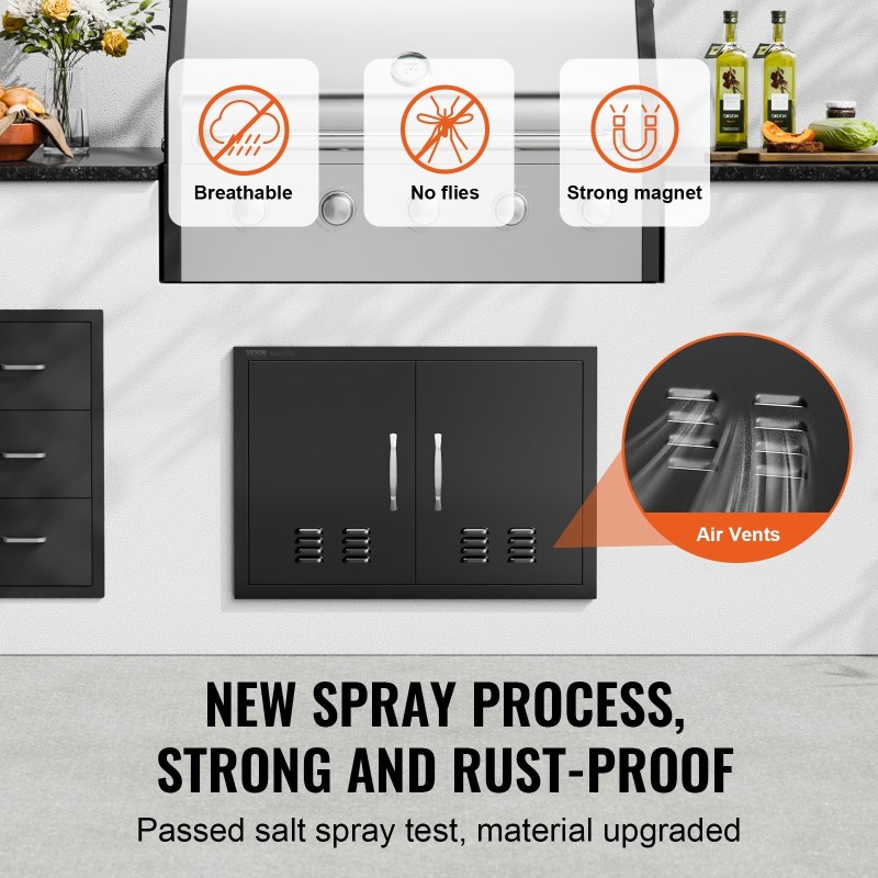 Teräsovi ulkokeittiöön kaksiosainen kylmävalssattu 762x533 mm mattamusta vetimillä ja ilma-aukoilla