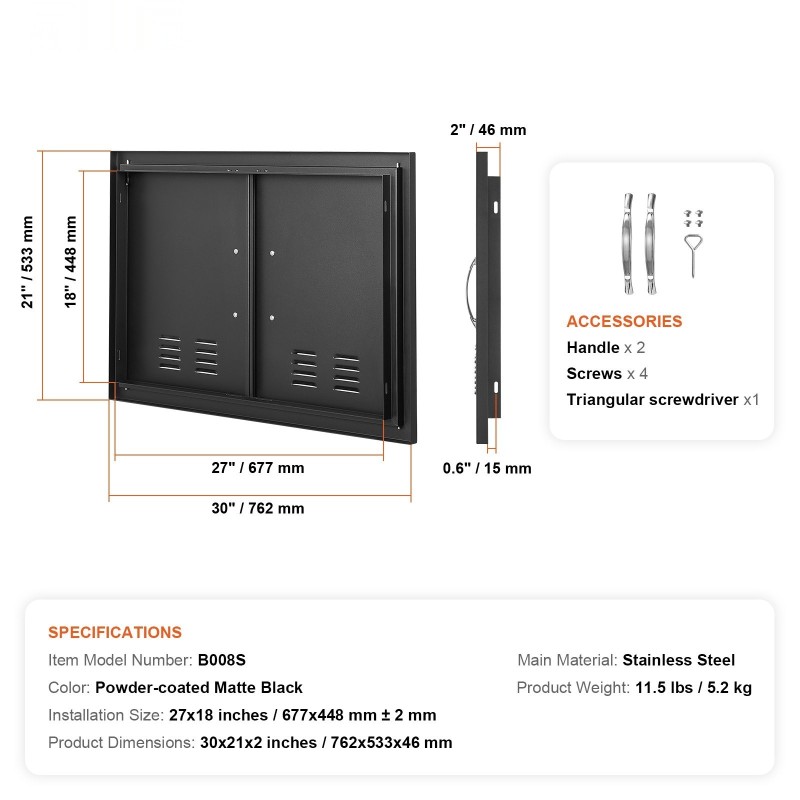 Teräsovi ulkokeittiöön kaksiosainen kylmävalssattu 762x533 mm mattamusta vetimillä ja ilma-aukoilla