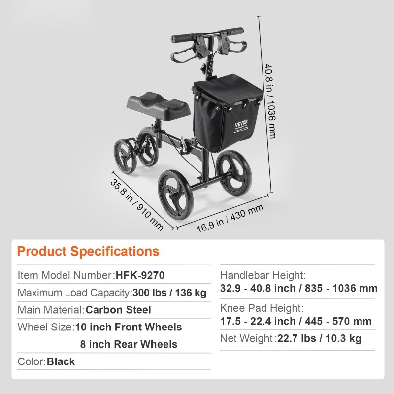 Polviskootteri hiiliteräsrunko 136 kilon kantavuus korkeussäädettävä ohjaustanko ja polvityyny