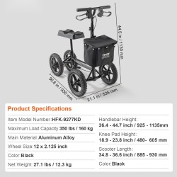 Taitettava alumiininen polvipyörä 12 tuuman ilmakumeilla korkeussäädettävällä ohjaustangolla ja polvialustalla kaksoisjarruilla