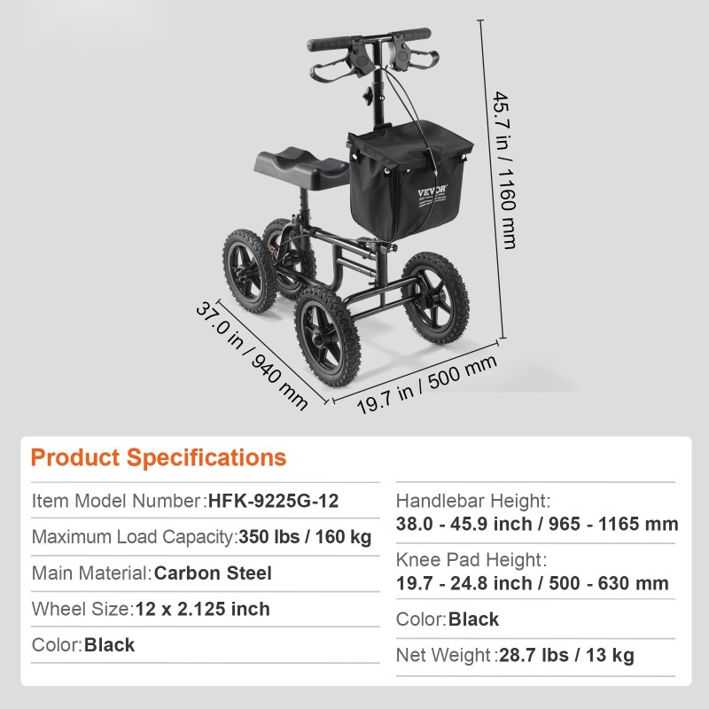 Polviskootteri hiiliteräsrunko 12-tuumaiset ilmakumirenkaat korkeussäädettävä ohjaustanko polvityyny kaksinkertainen