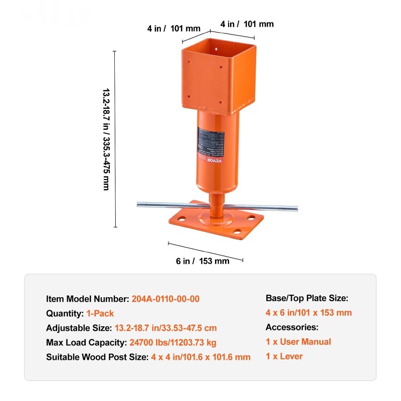 Ruuvitunkkipilari Q235-teräs sopii 101,6×101,6 mm puutolpalle 33,5–47,5 cm