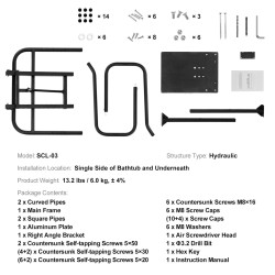 Kylpytynnyrin kannennostin hydraulinen alumiini säädettävä korkeus 841–1049 mm leveys 1349–2350 mm