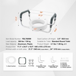 Korotettu wc-istuin 88,9 mm korotus alumiini muovi pehmustetut käsinojat 136 kg kantavuus