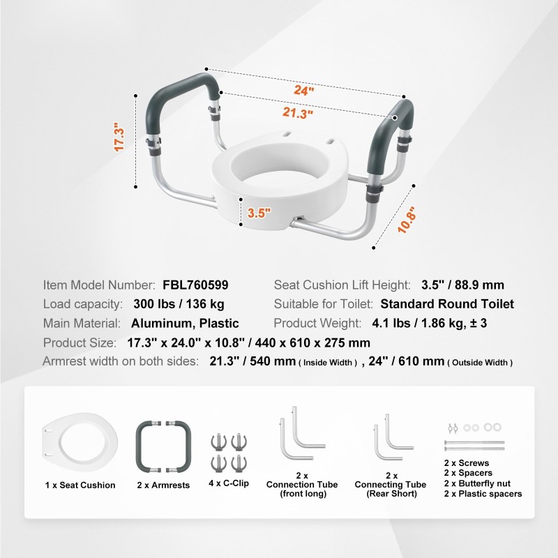 Korotettu wc-istuin 88,9 mm korotus alumiini muovi pehmustetut käsinojat 136 kg kantavuus