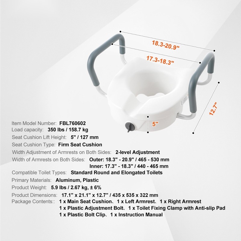 Korotettu WC-istuin 127 mm 158,7 kg alumiini pyöreisiin ja pitkänomaisiin WC-istuimiin
