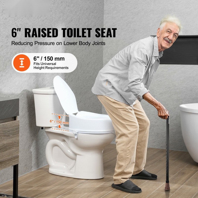 Korotettu WC istuin 150 mm polypropeeni 136 kg kantavuus yleismallinen kansi ruuvilukitus