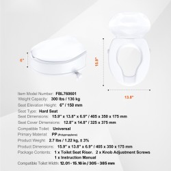 Korotettu WC istuin 150 mm polypropeeni 136 kg kantavuus yleismallinen kansi ruuvilukitus