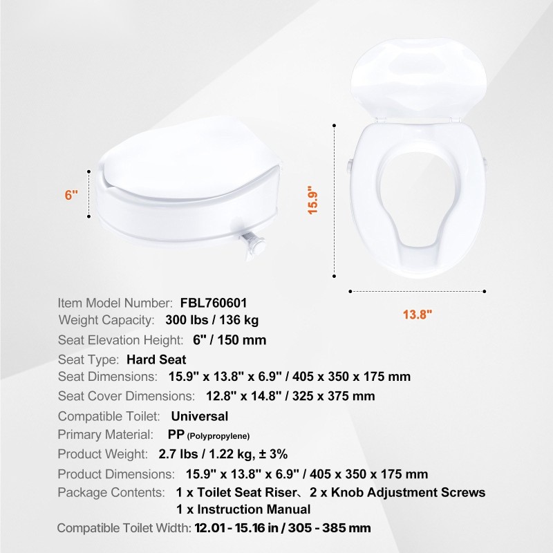 Korotettu WC istuin 150 mm polypropeeni 136 kg kantavuus yleismallinen kansi ruuvilukitus