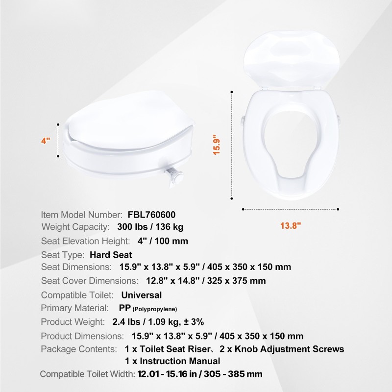 Korotettu wc-istuin 100 mm korotus PP-muovi 136 kg kantavuus yleismallinen sisältää wc-istuinkannen