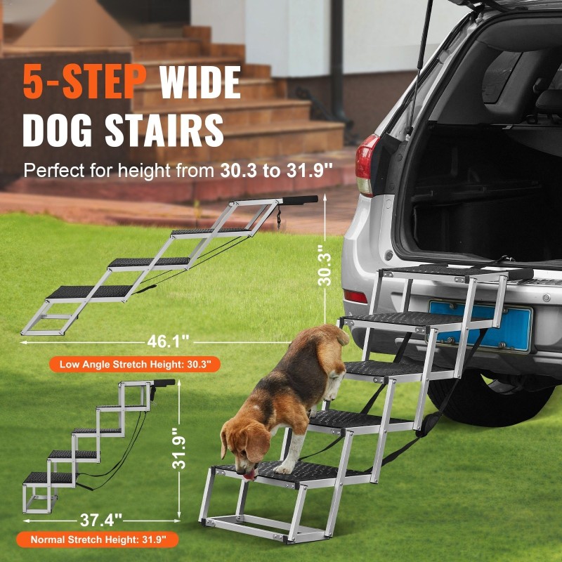 5-portaiset taitettavat koiranportaat autoon metallisaranoilla liukuesteellä 68 kilon kantavuus