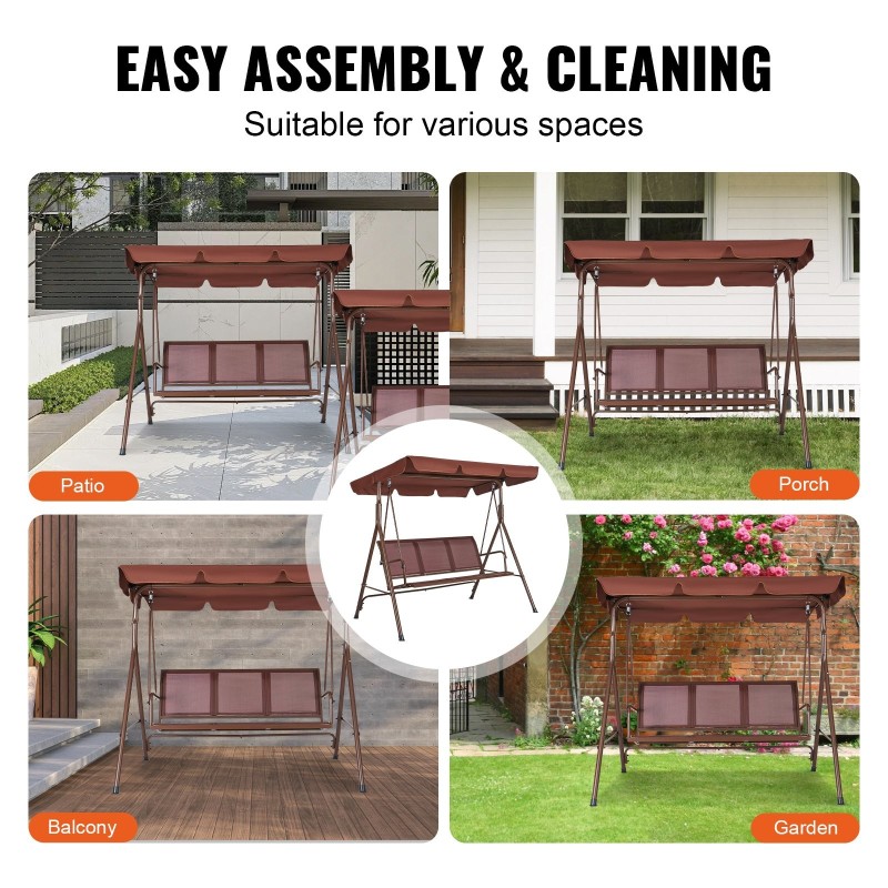 Puutarhakeinu seosteräsrunko kolmelle ruskea Teslin kangas säädettävä aurinkokatos