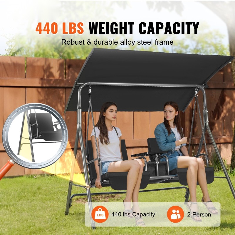 2-paikkainen ulkokeinu seosteräsrunko Oxford-kangasilla säädettävällä katoksella musta