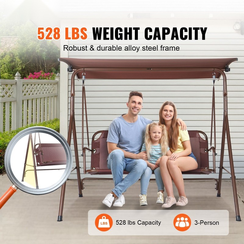 Pihakeinu 3-hengen seosteräsrunko Teslin kangas säädettävällä katoksella ruskea