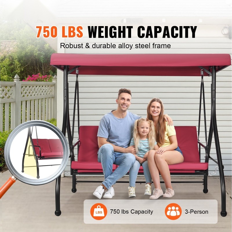 Kolmen hengen pihakeinu seosteräksinen runko säädettävä aurinkokatos irrotettava paksu istuintyyny burgundi