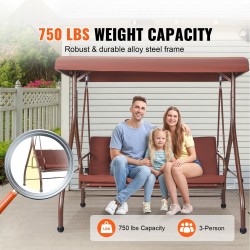 3-paikkainen ulkokeinu jauhemaalatulla teräsrungolla ruskea säädettävällä katoksella irrotettavalla paksulla tyynyllä