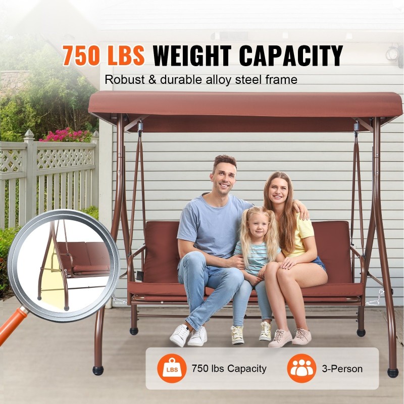 3-paikkainen ulkokeinu jauhemaalatulla teräsrungolla ruskea säädettävällä katoksella irrotettavalla paksulla tyynyllä