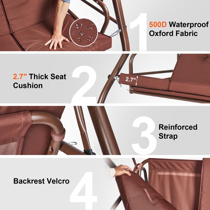 3-paikkainen ulkokeinu jauhemaalatulla teräsrungolla ruskea säädettävällä katoksella irrotettavalla paksulla tyynyllä