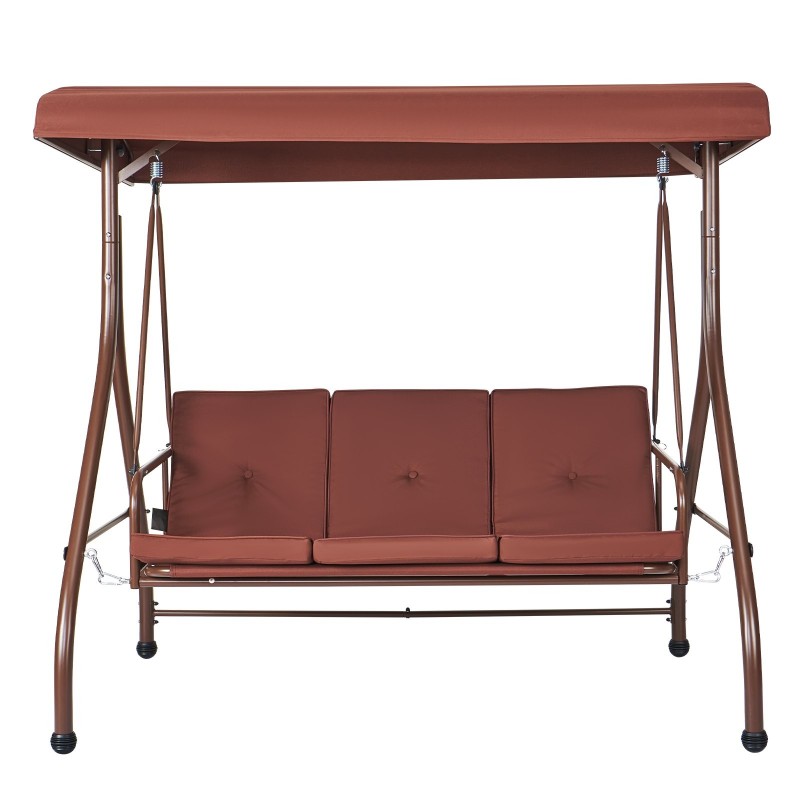 3-paikkainen ulkokeinu jauhemaalatulla teräsrungolla ruskea säädettävällä katoksella irrotettavalla paksulla tyynyllä