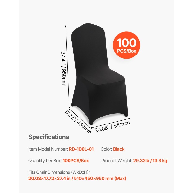 Tuolinsuojat polyesteri elastaani joustavat täysin peittävät 100 kappaleen pakkaus musta