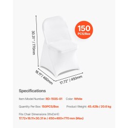 Tuolipäälliset polyesteri-elastaani valkoinen 150 kpl sopii tasapintaisille tuoleille 450×460×770 mm