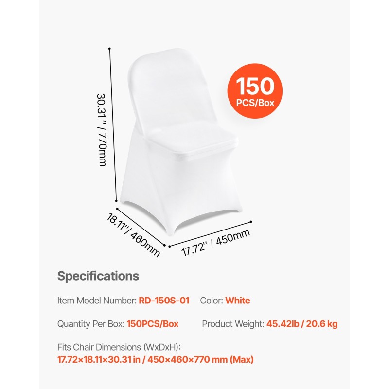 Tuolipäälliset polyesteri-elastaani valkoinen 150 kpl sopii tasapintaisille tuoleille 450×460×770 mm