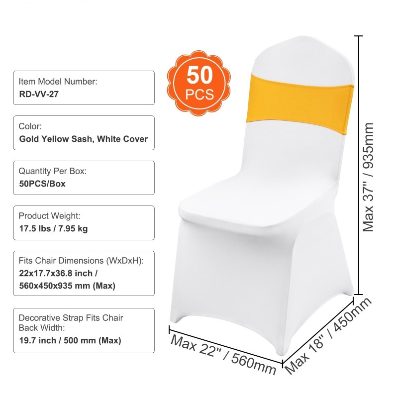 Tuolipäälliset polyesteri ja spandex yleismalli taitettaville tuoleille 50 kpl valkoinen ja kultainen