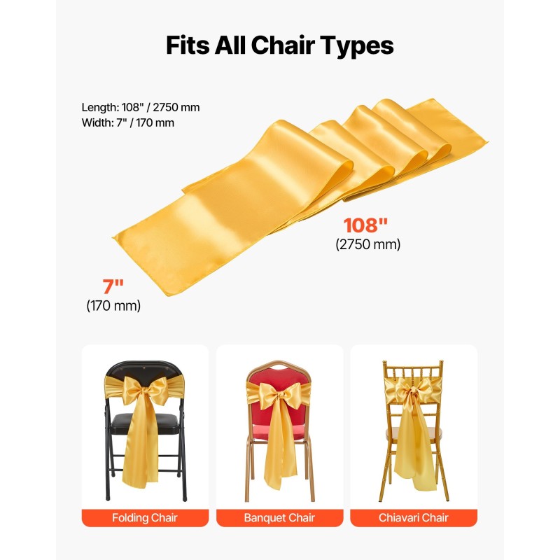 Satiiniset tuolinauhat 275 cm pitkät 17 cm leveät 100 kpl kulta häihin