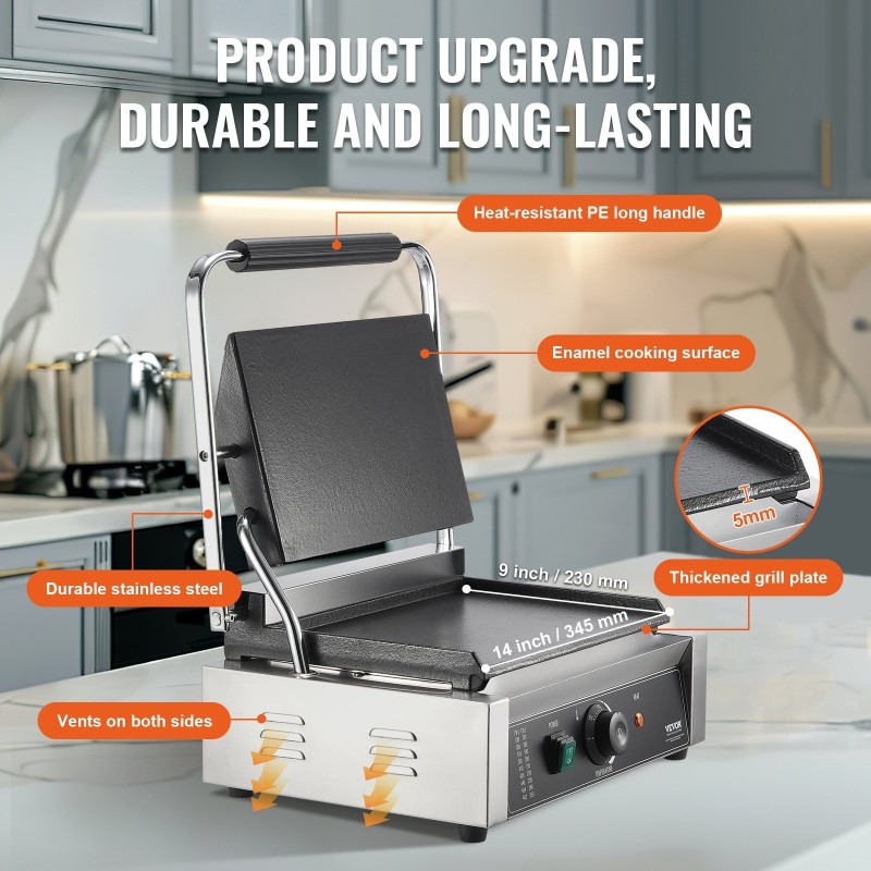 Sähköinen ruostumaton teräs paninigrilli emaloitu paistopinta 2200 wattia ammatti- ja kotikäyttöön