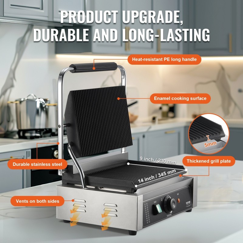 Kaupallinen sähköinen paninigrilli ruostumatonta terästä paistolevy 35,6 x 22,9 cm