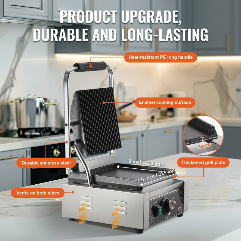 Paninigrilli ruostumatonta terästä yhdeksän tuuman emaloitu paistolevy lämpötilansäädöllä ja irrotettavalla rasvankeräysastialla