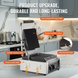 Sähköinen paninigrilli 1800W ruostumaton teräs 23x23 cm täysurattu emaloitu paistolevy