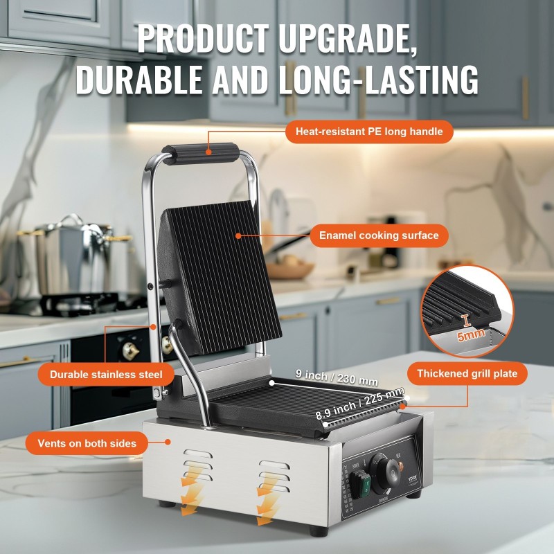 Sähköinen paninigrilli 1800W ruostumaton teräs 23x23 cm täysurattu emaloitu paistolevy