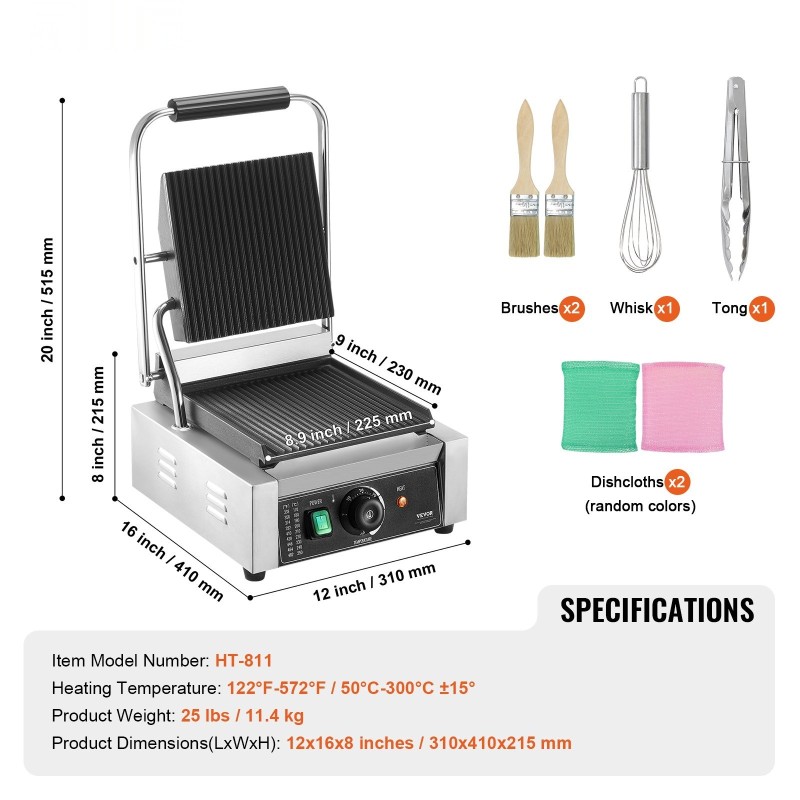 Sähköinen paninigrilli 1800W ruostumaton teräs 23x23 cm täysurattu emaloitu paistolevy