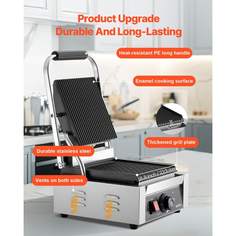 Sähköinen paninigrilli ruostumaton teräsrunko 1800W emaloitu 22x23 cm säädettävä lämpötila