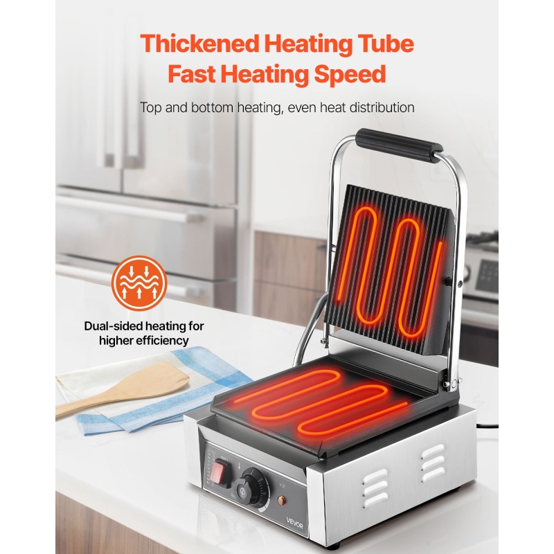 Sähköinen paninigrilli 1800W ruostumatonta terästä 22x23 cm tasainen emaloitu levy säädettävä lämpötila