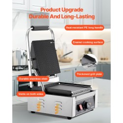 Sähköinen paninigrilli 1800W ruostumatonta terästä 22x23 cm tasainen emaloitu levy säädettävä lämpötila