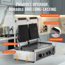 Paninigrilli sähköinen 3600W kaksipuolinen ruostumaton teräs emaloitu paistopinta 485×230 mm