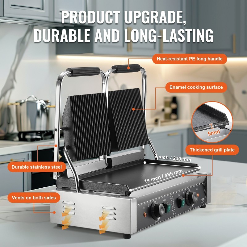 Paninigrilli sähköinen 3600W kaksipuolinen ruostumaton teräs emaloitu paistopinta 485×230 mm