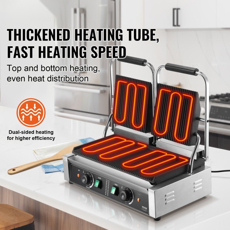 Kaupallinen sähköinen paninigrilli ruostumattomasta teräksestä 3600W kaksitasoinen säädettävä lämpötila 50–300 °C