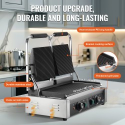 Kaupallinen sähköinen paninigrilli ruostumattomasta teräksestä 3600W kaksitasoinen säädettävä lämpötila 50–300 °C