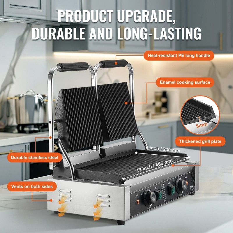 Kaupallinen sähköinen paninigrilli ruostumattomasta teräksestä 3600W kaksitasoinen säädettävä lämpötila 50–300 °C