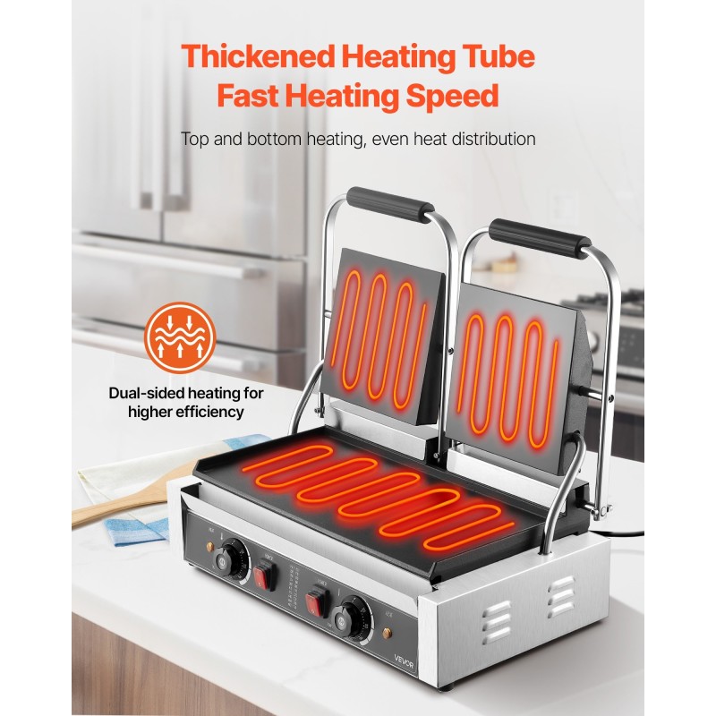 Sähköinen paninigrilli ruostumaton teräs kaksoispainelevyt tasainen emalipinta 485 x 230 mm