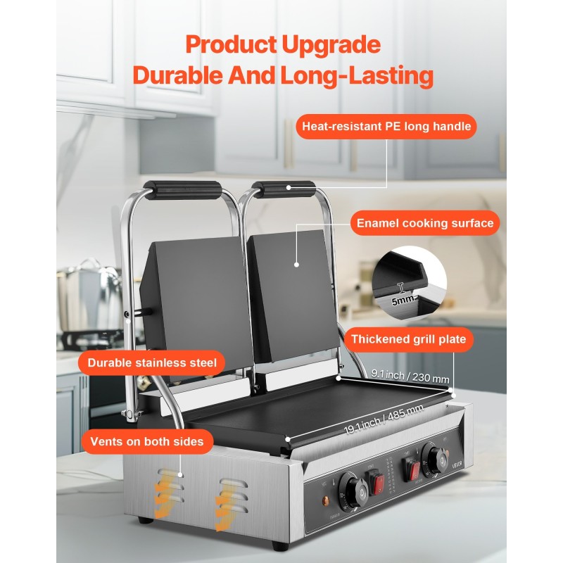 Sähköinen paninigrilli ruostumaton teräs kaksoispainelevyt tasainen emalipinta 485 x 230 mm