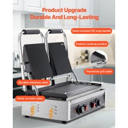 Sähköinen tuplapaninigrilli 3600W ruostumatonta terästä 48x23cm tasainen emaloitu paistolevy lämpötilansäädöllä