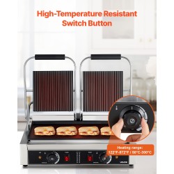 Sähköinen tuplapaninigrilli 3600W ruostumatonta terästä 48x23cm tasainen emaloitu paistolevy lämpötilansäädöllä