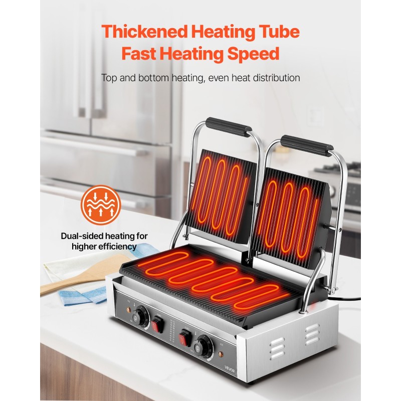 Sähköinen paninigrilli ruostumatonta terästä kaksinkertainen 48x23 cm emaloitu paistolevy 3600W