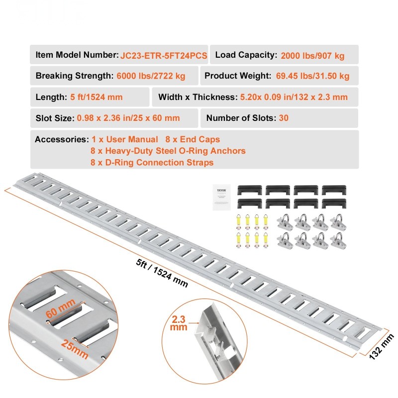 E-track kiinnityskiskosarja teräs 1524 mm sisältää 8 kiskoa 8 O-rengasta 8 D-rengasta